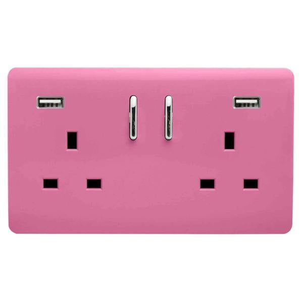 Trendi Switch 2 Gang USB 3100mA Plug Socket in Candy Pink