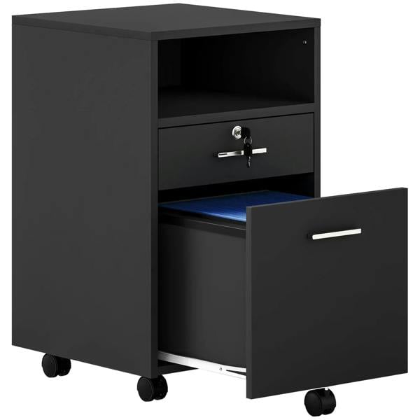 Black lockable filing cabinet with two drawers, open top compartment, and rolling casters