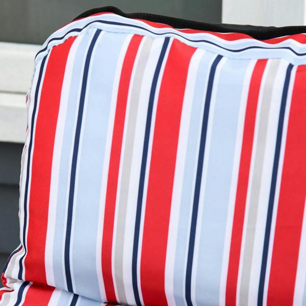 Close-up of striped lounger cushion fabric with red, white, and blue vertical stripes