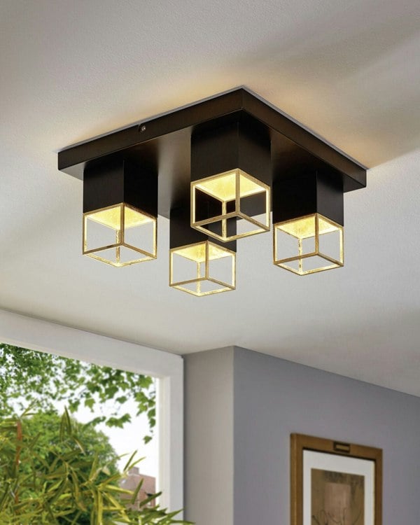 Flush Ceiling Light Black Plate Gold Square Shades Bulb GU10 4x5W Included Loops