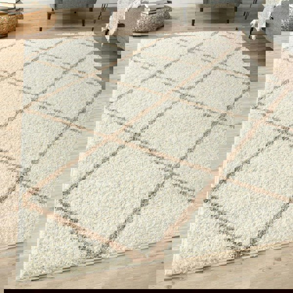 Diamond Design Thick Shaggy Area Rugs Ivory Beige
