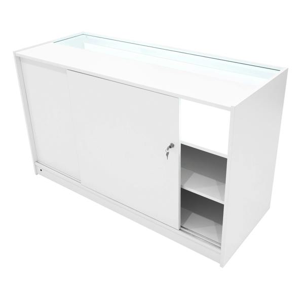 White Hyperion LED shop counter set featuring a sleek design, sliding door, glass top, and spacious interior shelves for storage
