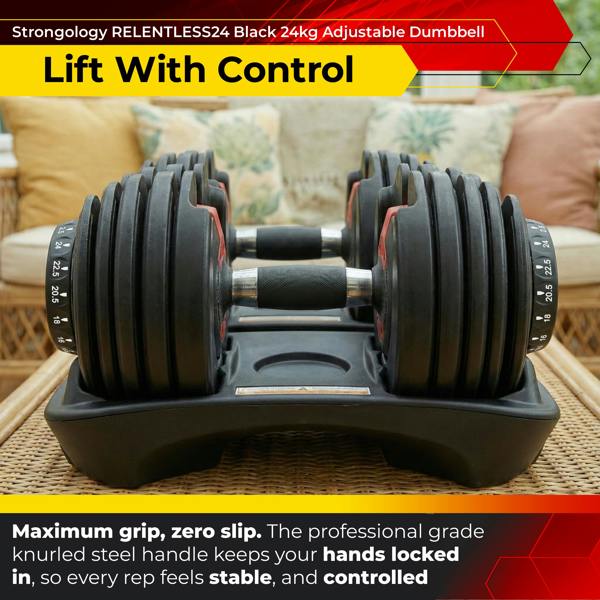 Strongology Relentless24 Pair Home Fitness Black Red Adjustable Smart Dumbbells from 2.5kg up to 24kg Training Weights