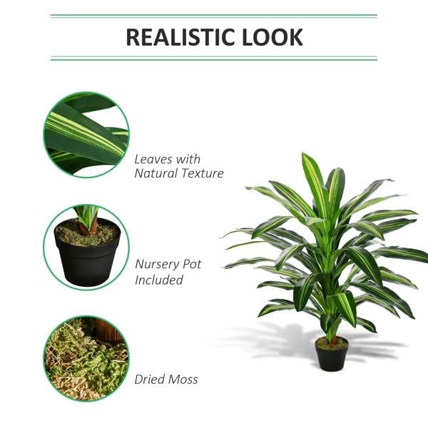 Artificial green potted plant with textured leaf detail and black nursery pot