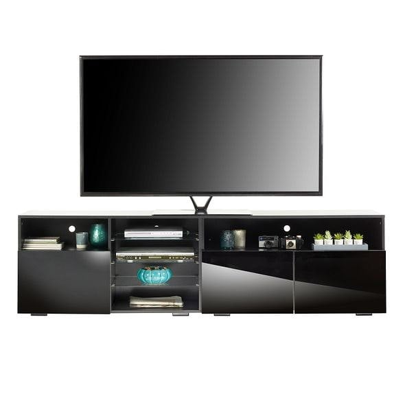 MMT Furniture Designs Black TV Stand Cabinet 200cm with LED Lights, Storage Shelves SoundBar Shelf 55cm Tall