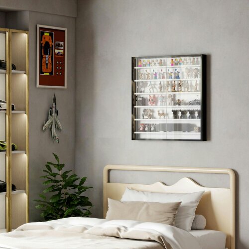 HOMCOM 5/7Tier Wall Display Shelf Unit Cabinet w/ Shelves Glass Doors - Black - 7-Tier