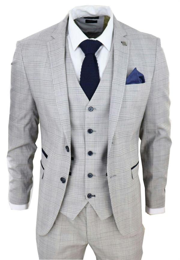 Paul Andrew Mens Grey 3 Piece Tan Brown Check Tailored Fit Suit