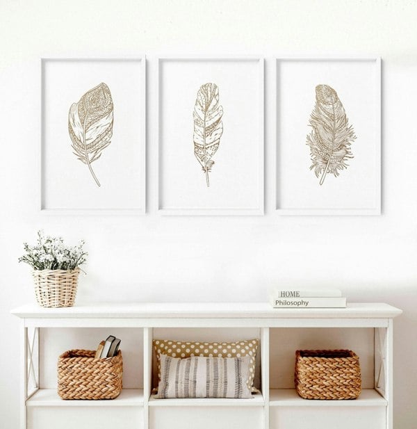 Gold artwork for living room | set of 3 Feathers wall art prints