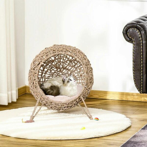 Rattan Elevated Cat Bed House Kitten Basket Ball-Shaped Pet Furniture w/ Removable Cushion - Natural - Natural