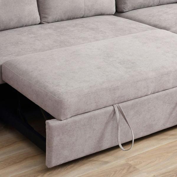 Light grey pull-out sofa bed seat with pull handle on the front edge