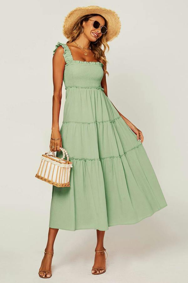 FS Collection Hem Detail Tiered Maxi Dress In Light Green