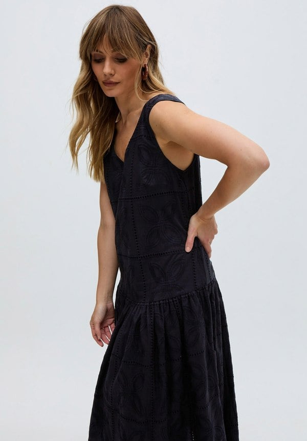 Raffya Squire All Over Cut Work Drop Waist Midi Dress In Black
