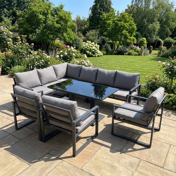 Fimous 8 Seater Aluminium Outdoor Garden Furniture Set with Corner Sofa, 3 Chairs & Adjustable Rising Dining Table - Dark Grey