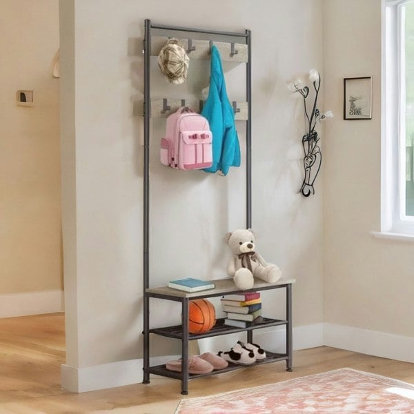 Rafaelo Mobilia Hall Tree Coat Stand With Shoe Storage and Hooks Brown