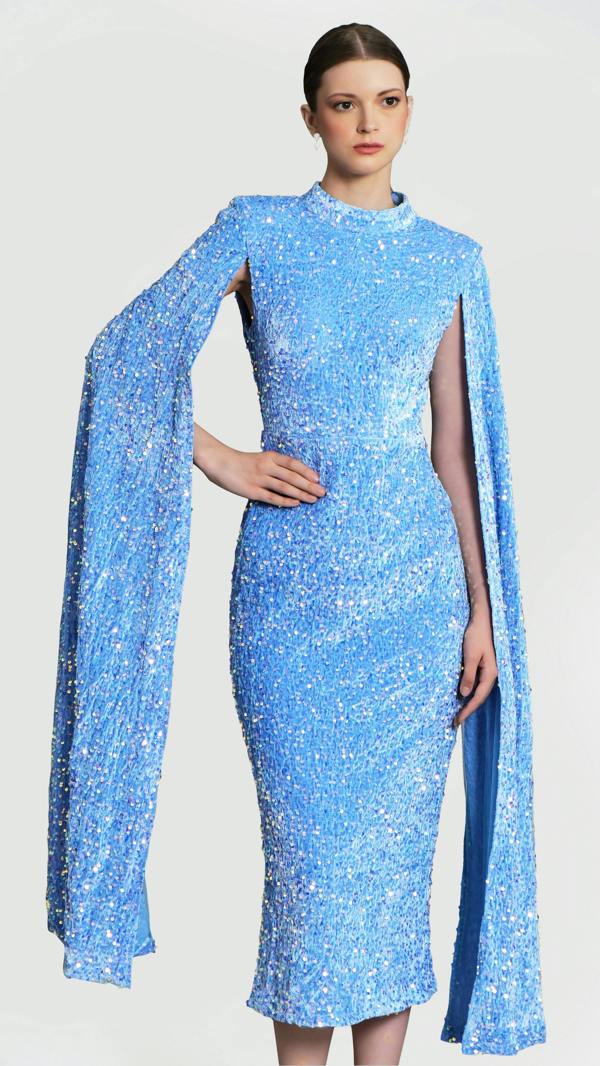 LuvForever Meraki - Sky Blue Cape Sleeve Sequin Midi Dress