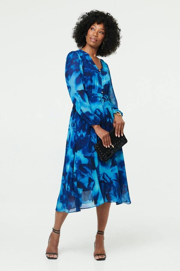 Blue | Printed Semi Sheer Layered Midi Dress
