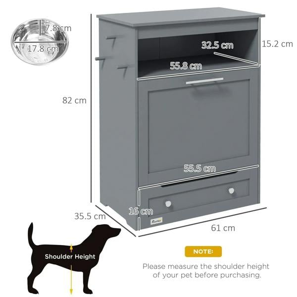 Grey pet feeder cabinet with dimensions shown on front, drawer, and raised tray