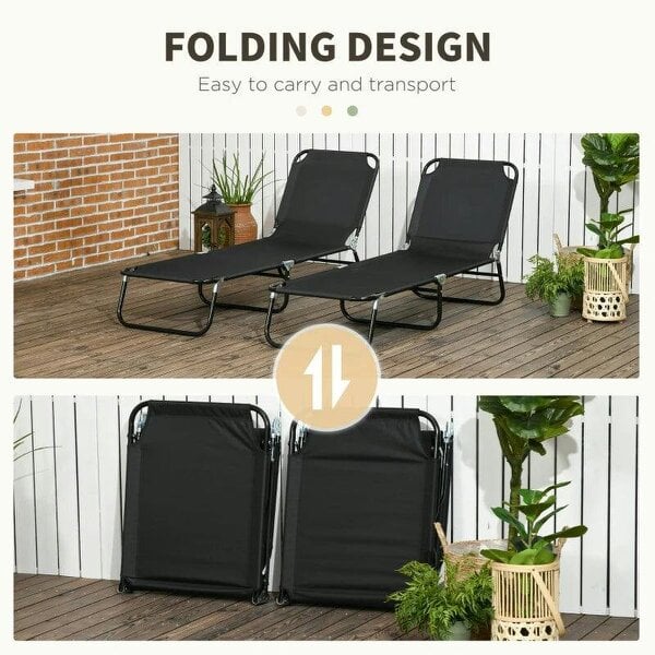 Bobobiy Set of Two Metal Frame Folding Sun Loungers - Black