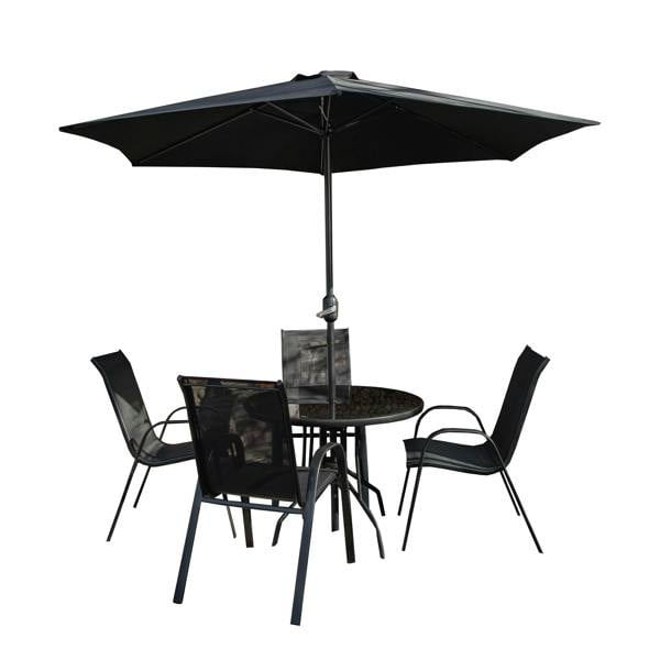 Samuel Alexander Outdoor 4 Person Round Glass Top Garden Dining Table Chairs With Black Parasol and Base Set