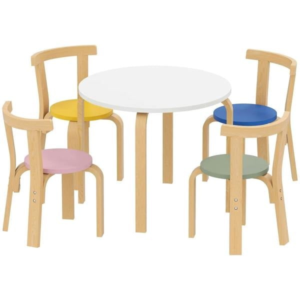 5-piece kids wooden table set with round white tabletop and 4 colorful seat chairs
