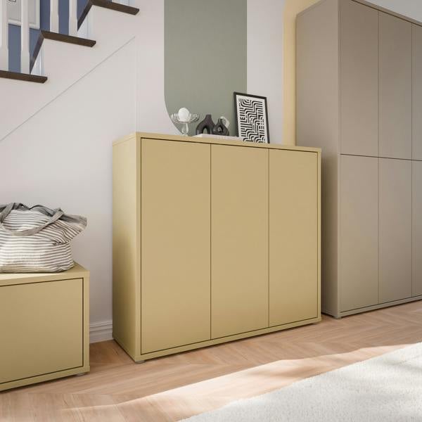 Furniture To Go Alice Springs Shoe Cabinet with 3 Doors Push-to-Open in Butter Yellow