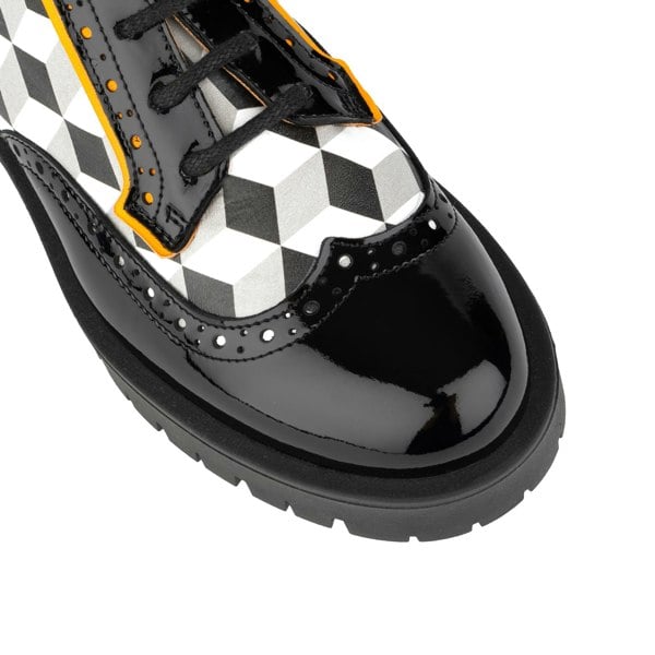 Embassy London Artisan - Black & White Cubics - Women's chunky sole leather derby shoe with brogue details