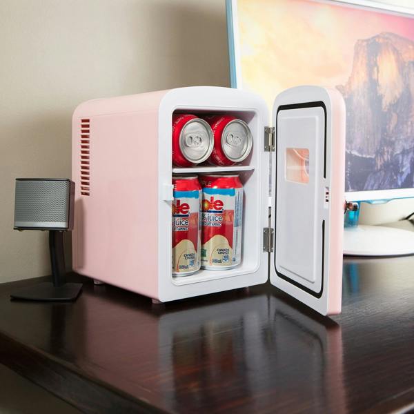 Koolatron 4L Mini Fridge For Bedrooms 6 Can Table Top 12V Portable Cooler Skincare Pink