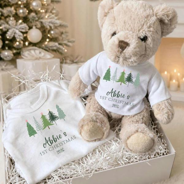 Personalised 1st Christmas Fir Tree Baby Gift Box - Teddy & Vest