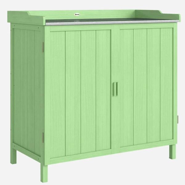 Green wooden storage cabinet with galvanized top, double doors and vertical paneling.