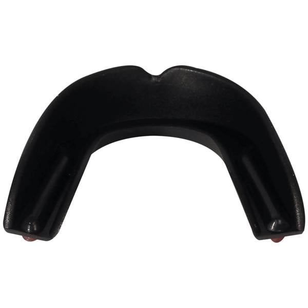 Black Optimum Matrix mouthguard top view showing U-shape with red gel accents, on white - Optimum
