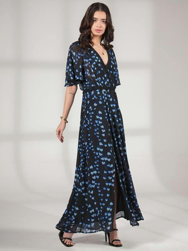 Rose & Nancy Pippa Black Blue Floral Lace trim Maxi Dress