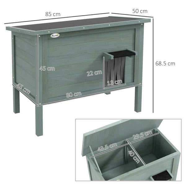 Charcoal gray wooden feral cat house on legs with side entrance opening and removable base