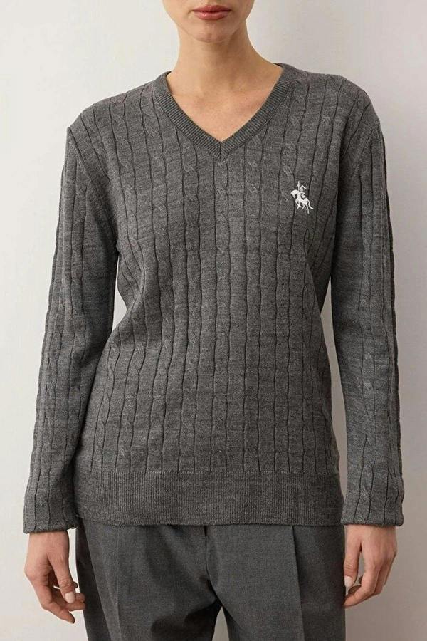 WOVCOR Horse Embroidered V-Neck Cable Knit Sweater
