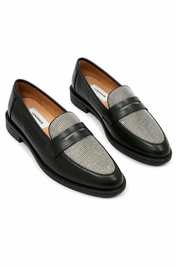 Love Lemonade Crystal Shimmer Dream Panel Loafers Black