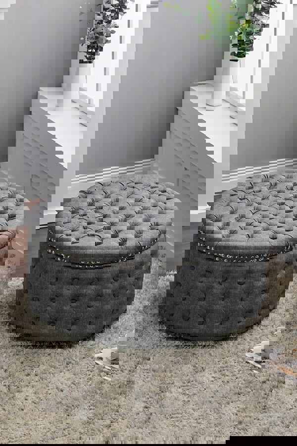 Living and Home Round Linen Deep Buttoned Footstool with Studded Edge