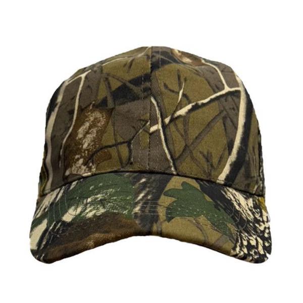 Front view of Green Forest camo with peak, ideal camouflage cap for farm work and hunting
