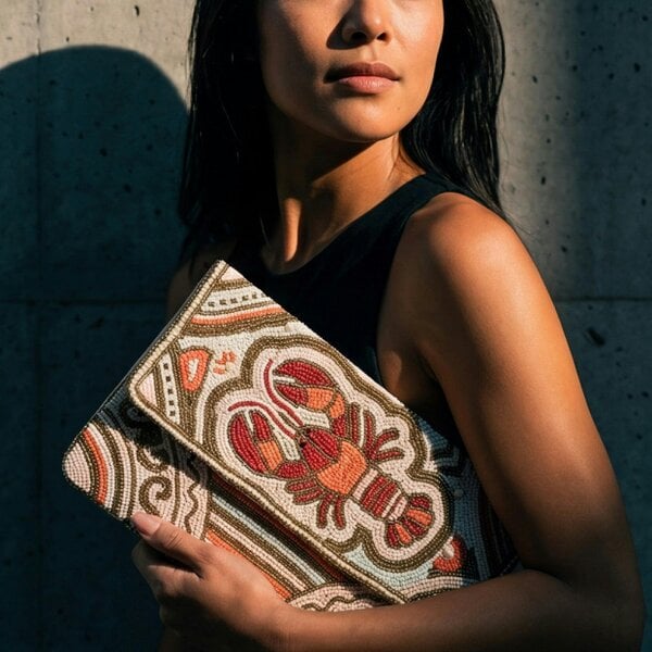 Gold Trip Lobster Beaded Clutch Bag