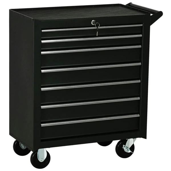 Matte black 7-drawer tool cabinet on caster wheels with four front drawers and key lock