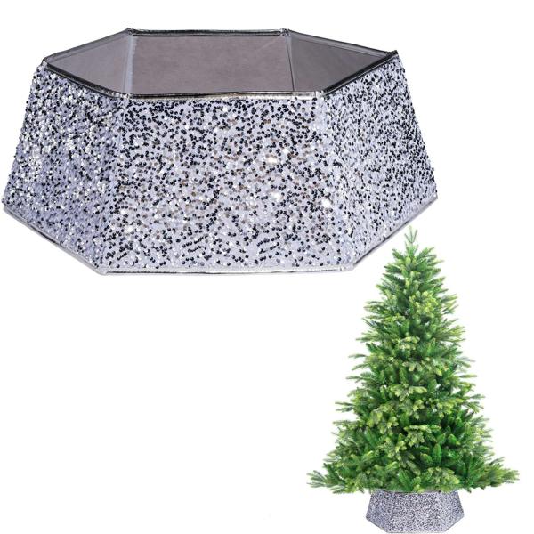 26.8 Inch Hexagon Christmas Tree Collar in Silver Sequin Fabric Foldable Festive Cover image 5