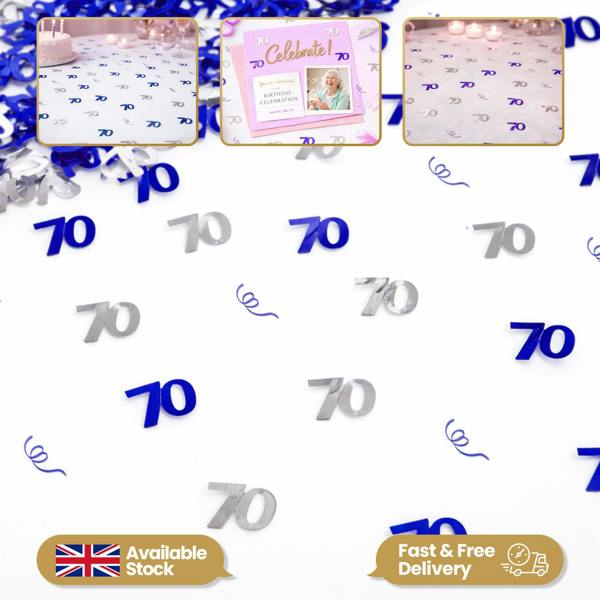 70th Birthday Blue & Silver Metallic Confetti Pack, Foil Table Decoration for Parties and Celebrations image 1