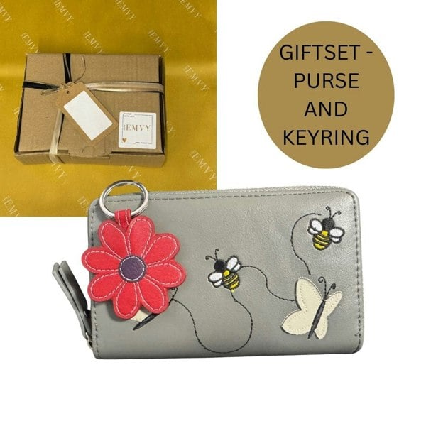 Love EMVY Gift Set - Bee & Butterfly Embroidered Purse & Daisy Keyring