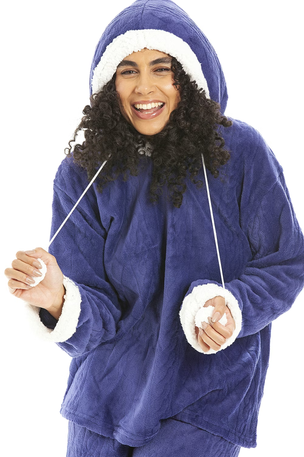 Camille  Womens Navy Supersoft Fleece Hooded Pyjama Set