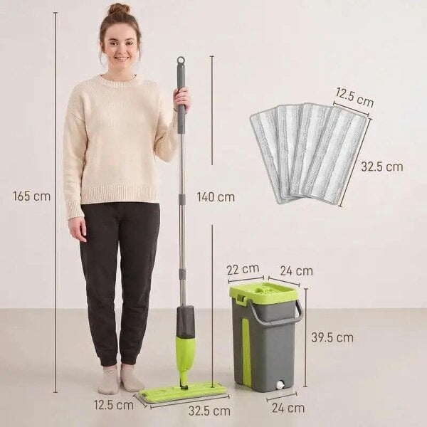 Bobobiy Mop and Bucket Set, Compact Flat Mop System with Wringer, 2 Chambers, 5 Reusable Pads, Dark Grey and Green