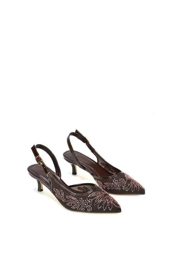 XY LONDON Embroidered Slingback Court Shoes With Kitten Heel