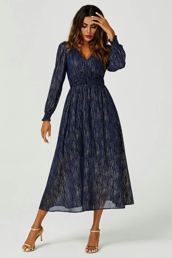 FS Collection Gold Stripe Foil Long Sleeve Maxi Dress In Navy