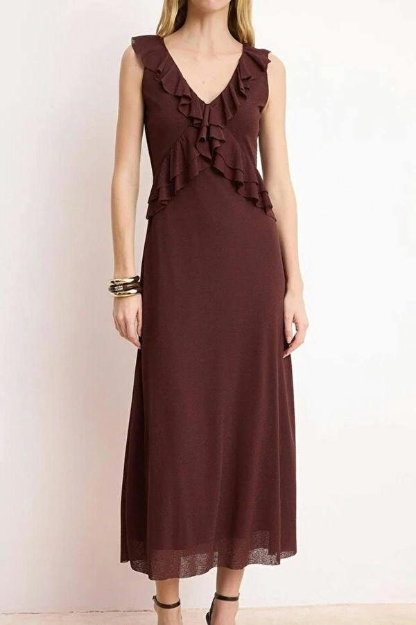 WOVCOR A-Line V-Neck Sleeveless Fruffled Midi Knit Dress