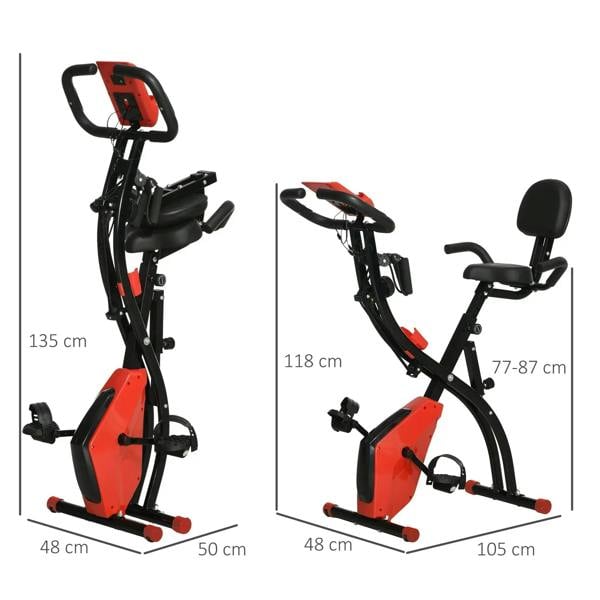 Exercise bike size diagram showing seat and handlebars with wine red console