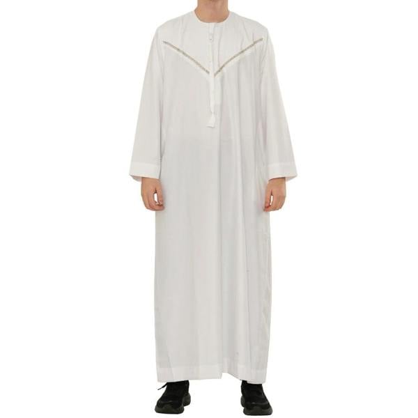 HM10 - Men's Emirati Omani Zipped Embroidery Thobe - White - Thobez - 1