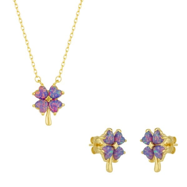 Spero London Pink & Purple Opal Four Leaf Clover Sterling Silver Necklace & Earrings Set