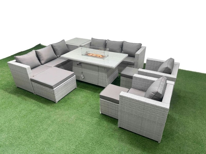 Fimous 11 Seater Rattan Outdoor Garden Furniture Set with Fire Pit Dining Table, 2 Sofas, 2 Chairs, 3 Footstools & Side Table - Light Grey